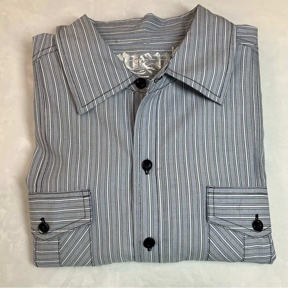 Seven7 Men’s Blue/Gray Striped Cotton Shirt,Medium, EUC